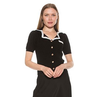 Women's ALEXIA ADMOR Kith Knit Short Sleeve Button Down Collared Top