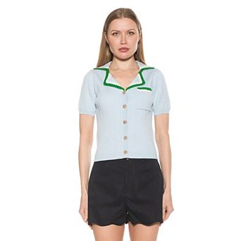 Women's ALEXIA ADMOR Kith Knit Short Sleeve Button Down Collared Top