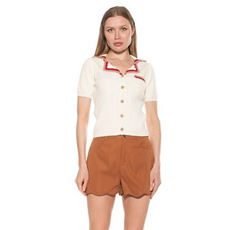 Women's ALEXIA ADMOR Kith Knit Short Sleeve Button Down Collared Top