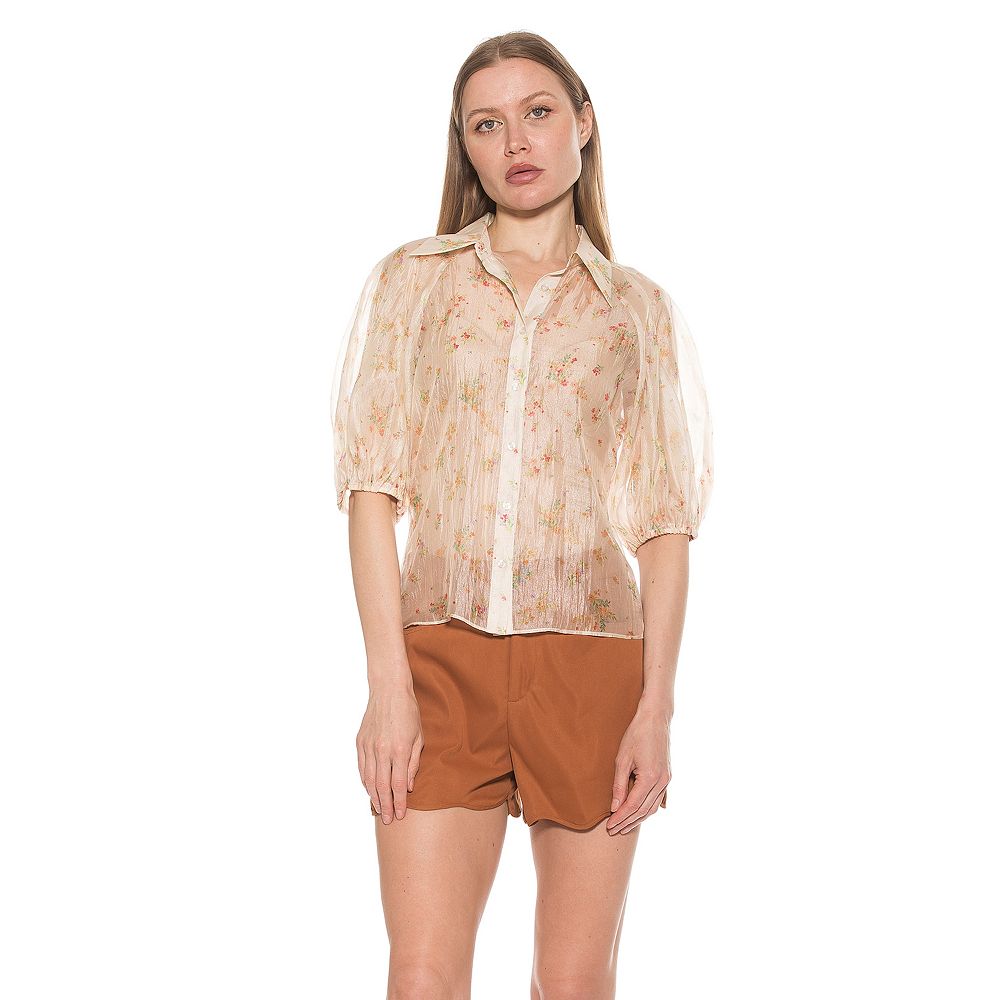 Women's ALEXIA ADMOR Billie Sheer Collared Puff Sleeve Button Down Shirt