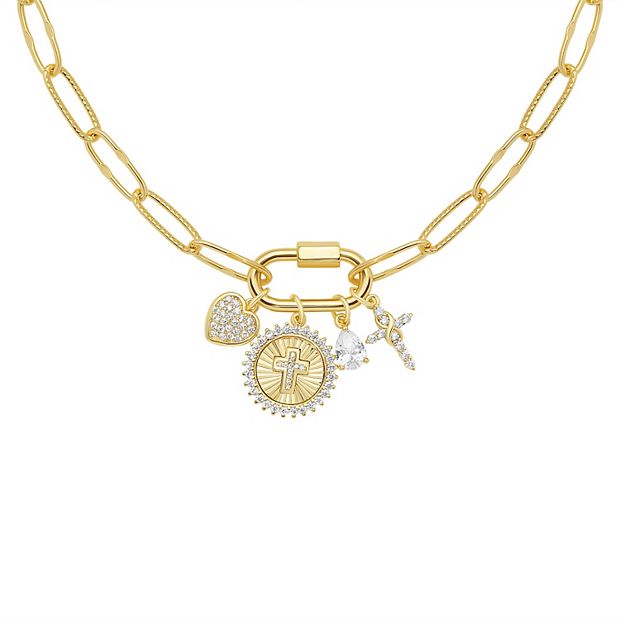Brilliance Gold Tone Cubic Zirconia Heart, Cross Coin