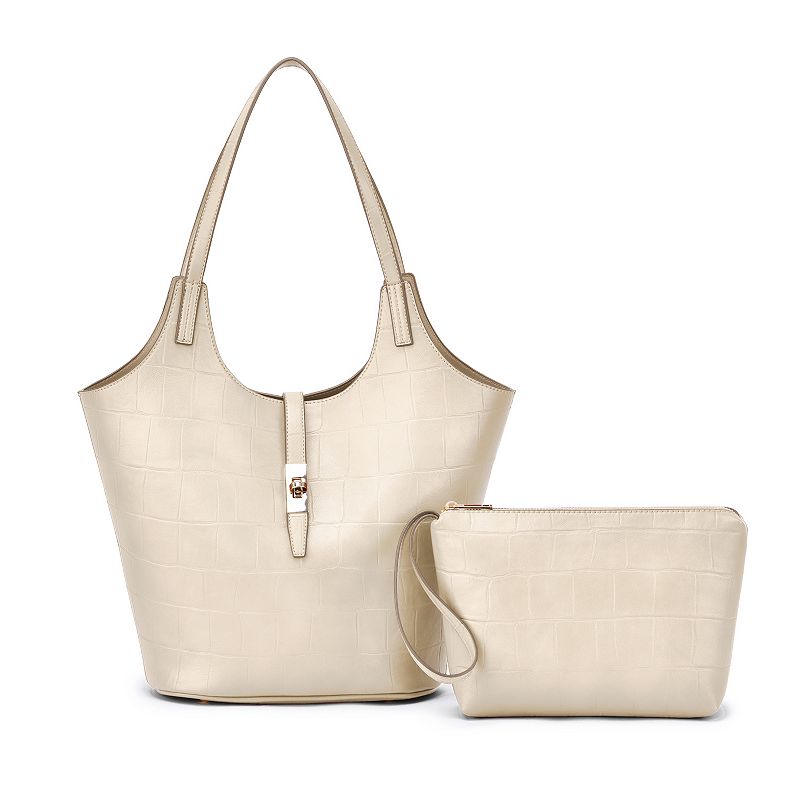 Mellow World Clio Croc Embossed Tote Bag with Wristlet Pouch, Beige