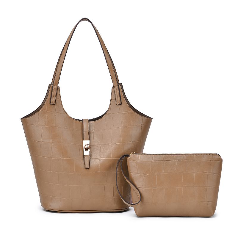 Mellow World Clio Croc Embossed Tote Bag with Wristlet Pouch, Latte