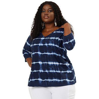 Women's Plus Size 2 Packs Tie Dye 3/4 Sleeve Comfy Stripe Top