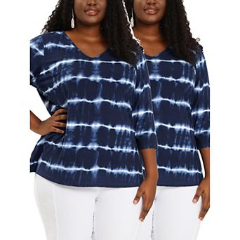 Women's Plus Size 2 Packs Tie Dye 3/4 Sleeve Comfy Stripe Top
