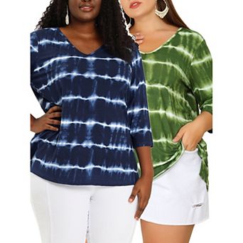 Women's Plus Size 2 Packs Tie Dye 3/4 Sleeve Comfy Stripe Top