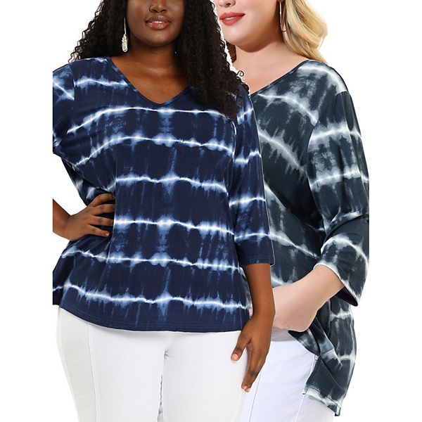 Women's Plus 3/4 Sleeve Tie Front Striped Knitted Top