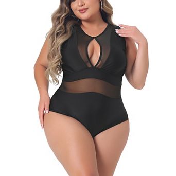 Plus Size One Piece Swimsuit For Women Mesh Bathing Suits Open Back Tie Plunge Swimwear