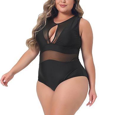 Plus Size One Piece Swimsuit For Women Mesh Bathing Suits Open Back Tie Plunge Swimwear