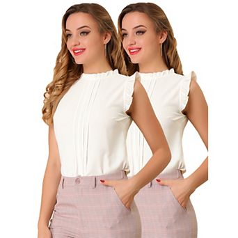 Women's 2 Packs Ruffled Crew Neck Office Vintage Sleeveless Work Blouses Top
