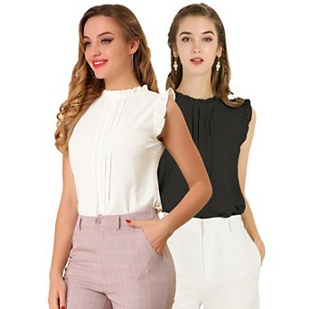 Women's 2 Packs Ruffled Crew Neck Office Vintage Sleeveless Work Blouses Top