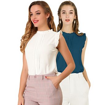 Women's 2 Packs Ruffled Crew Neck Office Vintage Sleeveless Work Blouses Top
