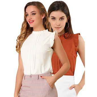 Women's 2 Packs Ruffled Crew Neck Office Vintage Sleeveless Work Blouses Top