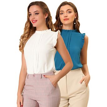 Women's 2 Packs Ruffled Crew Neck Office Vintage Sleeveless Work Blouses Top