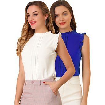 Women's 2 Packs Ruffled Crew Neck Office Vintage Sleeveless Work Blouses Top