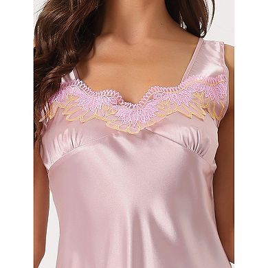 Women's Satin Tank Nightshirt Floral Lacetrim Sleeveless Nightgown