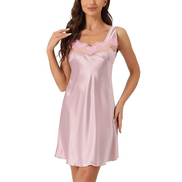 Women s Satin Tank Nightshirt Floral Lacetrim Sleeveless Nightgown