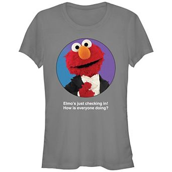 Juniors' Sesame Street Elmo's Just Checking In! Stamp Graphic Tee