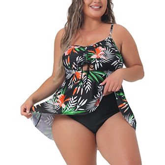 Women's Plus Size Bikini Swimsuit Floral Drawstring Ruffle High Waisted Tankini 2 pc Bathing Suits