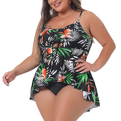 Women's Plus Size Bikini Swimsuit Floral Drawstring Ruffle High Waisted Tankini 2 Pcs Bathing Suits