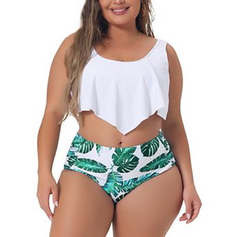 Plus Size Bikini Swimsuit For Women V Neck Floral Ruffles Tank Top Tankini 2 pc Bathing Suits