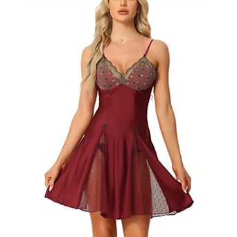 Women's Lingerie Babydoll Satin Mesh Inset Sweet Nightgown Mini Chemise Dress