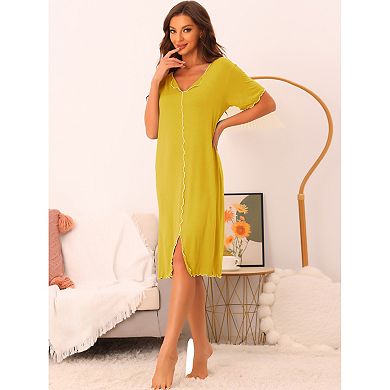 Women Ruffled V Neck Nightshirt Short Sleeve Sleepshirt Pullover Pajama Nightgown