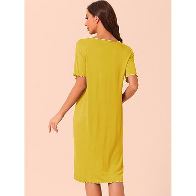 Women Ruffled V Neck Nightshirt Short Sleeve Sleepshirt Pullover Pajama Nightgown