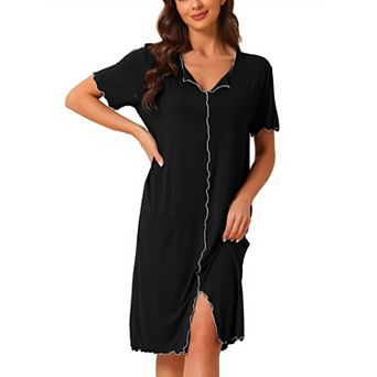 Women Ruffled V Neck Nightshirt Short Sleeve Sleepshirt Pullover Pajama Nightgown