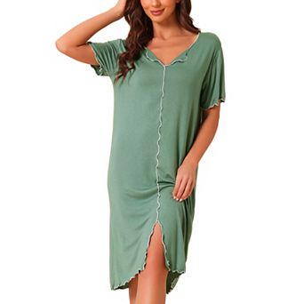 Women Ruffled V Neck Nightshirt Short Sleeve Sleepshirt Pullover Pajama Nightgown