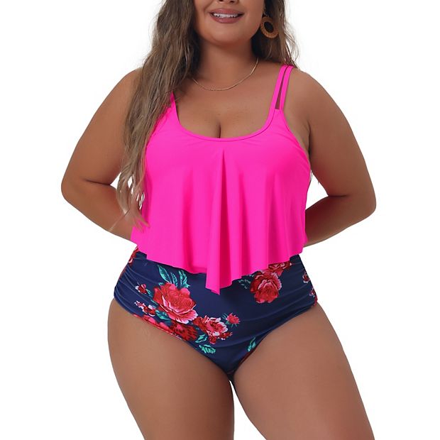 Plus Size Bikini Swimsuit For Women Floral Print High Waist Ruched 2 Piece Bathing Suit Set