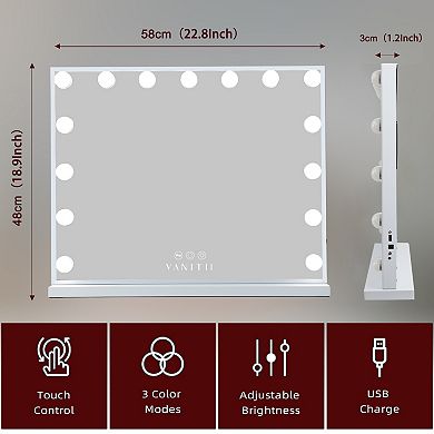 VANITII 15-led Bulbs Hollywood  Mirror  White with Lights Wall Mount USB Port