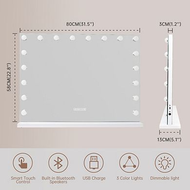 Vanitii Hollywood Mirror 18 Led Bulbs With Lights Bluetooth Wall Mount White