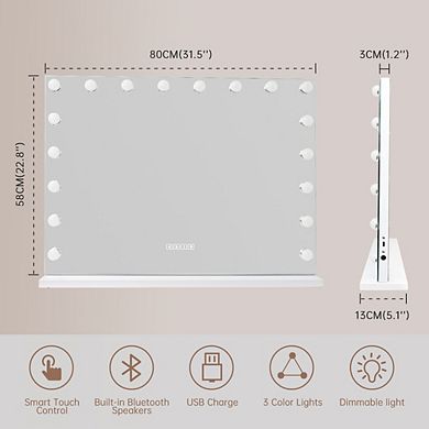 Vanitii Hollywood Mirror 18 Led Bulbs With Lights Bluetooth Wall Mount White