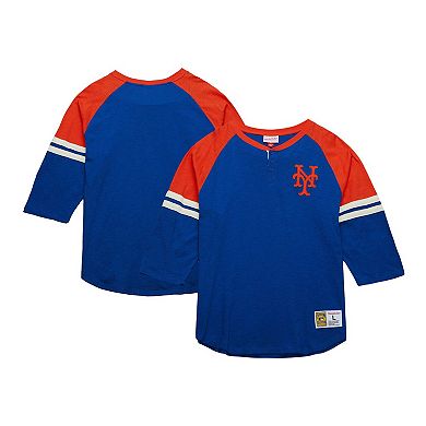 Men's Mitchell & Ness Royal New York Mets Cooperstown Collection Legendary Raglan Slub Henley 3/4-Sleeve T-Shirt
