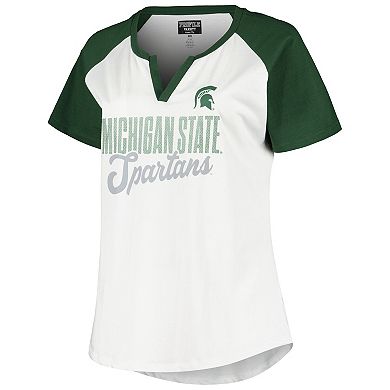 Women's Profile White/Green Michigan State Spartans Plus Size Best Squad Shimmer Raglan Notch Neck T-Shirt