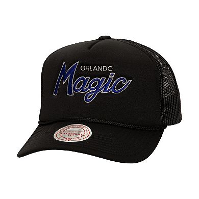 Men's Mitchell & Ness Black Orlando Magic Script Sidepatch Trucker Adjustable Hat