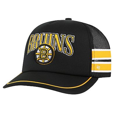 Men's '47 Black Boston Bruins Sideband Stripes Trucker Snapback Hat