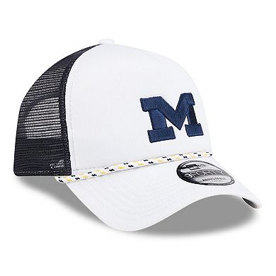 Men's New Era White/Navy Michigan Wolverines Court Sport Foam A-Frame 9FORTY Adjustable Trucker Hat