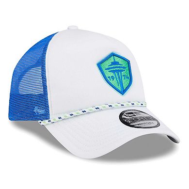 Men's New Era White/Blue Seattle Sounders FC Court Sport Foam A-Frame 9FORTY Adjustable Trucker Hat