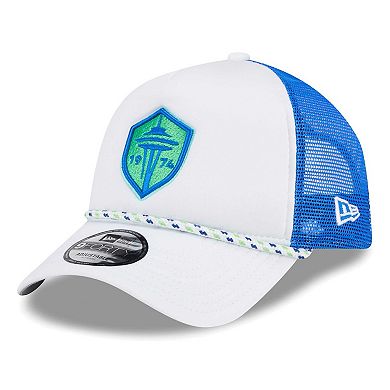 Men's New Era White/Blue Seattle Sounders FC Court Sport Foam A-Frame 9FORTY Adjustable Trucker Hat