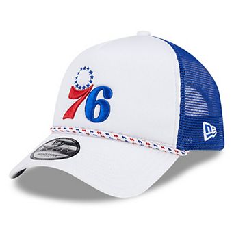 Men's New Era White/Royal Philadelphia 76ers Court Sport Foam A-Frame 9FORTY Adjustable Trucker Hat