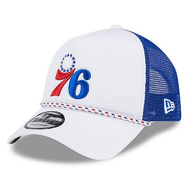 Men's New Era White/Royal Philadelphia 76ers Court Sport Foam A-Frame 9FORTY Adjustable Trucker Hat