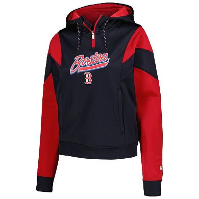 Women's New Era Navy Boston Red Sox Color Block Fleece Quarter-Zip Hoodie