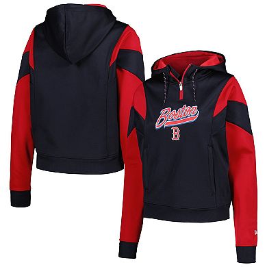 Women's New Era Navy Boston Red Sox Color Block Fleece Quarter-Zip Hoodie