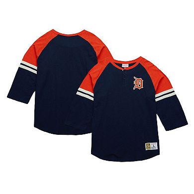 Men's Mitchell & Ness Navy Detroit Tigers Cooperstown Collection Legendary Raglan Slub Henley Three-Quarter Sleeve T-Shirt