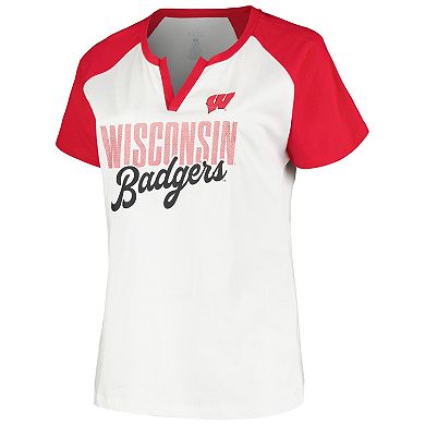 Women's Profile White/Red Wisconsin Badgers Plus Size Best Squad Shimmer Raglan Notch Neck T-Shirt