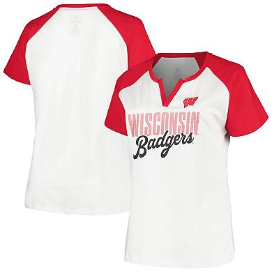 Women's Profile White/Red Wisconsin Badgers Plus Size Best Squad Shimmer Raglan Notch Neck T-Shirt