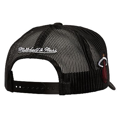 Men's Mitchell & Ness Black Miami Heat Script Sidepatch Trucker Adjustable Hat