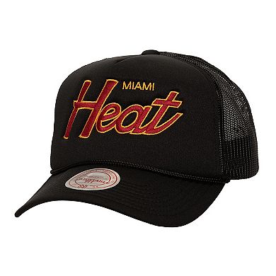 Men's Mitchell & Ness Black Miami Heat Script Sidepatch Trucker Adjustable Hat